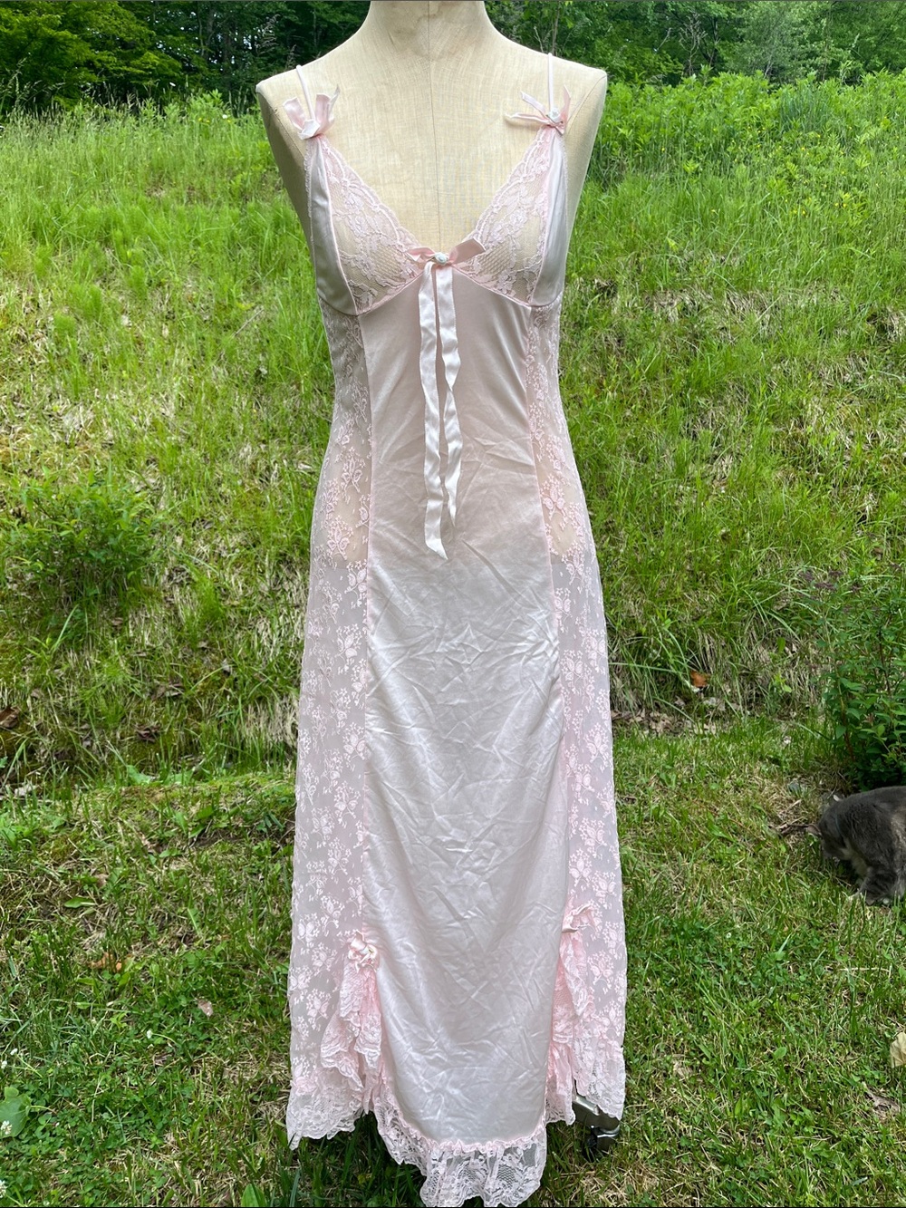 Delicate Pink Lace Slip Nightgown with Satin Trim